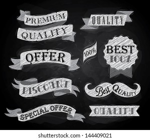 Set of retro ribbons and labels with text quality and best offer, premium drawing  with chalk on the blackboard