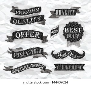 Set of retro ribbons and labels with text quality and best offer, premium drawing  with pen on crumpled paper background