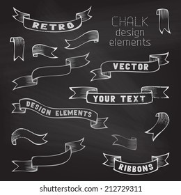 Set of retro ribbons on chalkboard background. Hand-drawn ribbons. Vector illustration. There is place for your text.