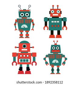 Set of retro robots toys. Vector illustration. 