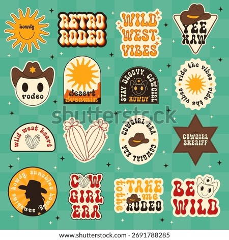 Set of Retro Rodeo Stickers. Vector Design Elements. Collection of Cowgirll. Wild West, Western Themed, Groovy.
