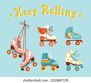 Set of retro roller skates. Vector illustration of various vintage quad skates in colorful flat style. Sneaker, wings and star print style.