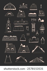 Set of retro roofs and lofts, vector building facades, house roofs, assorted vintage roofs, roofing, tiles, house, facade, old attic, roof contour illustrations