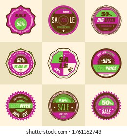 Set of retro sale badge. Stickers premium quality vintage style for social media ads and banners, website badges, marketing, labels and stickers for online shopping templates. Vector illustration.