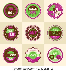 Set of retro sale badge. Stickers premium quality vintage style for social media ads and banners, website badges, marketing, labels and stickers for online shopping templates. Vector illustration.