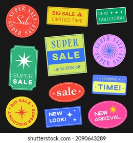 Set Of Retro Sale Badges Vector Design. Cool Trendy Shopping Stickers Pack. Super Sale, Shopping Time and New Collection Labels.