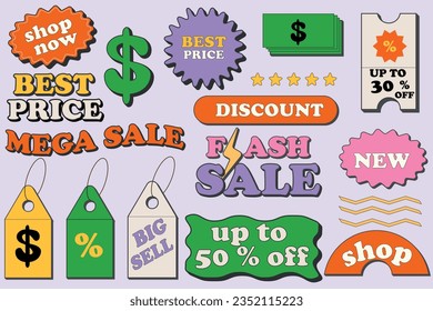 Set of retro sale stickers.Collection for shopping and packaging labels set for graphics design, marketing and product promotion. Vector trendy promo labels, y2k style 