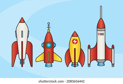 Set of retro science fiction rocket ship designs.
Four vintage style vector illustrations of spaceships.