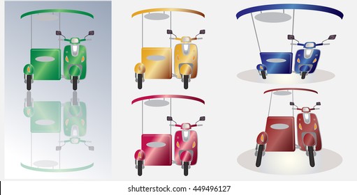 Set of retro scooter motorbike and sidecar cold container
