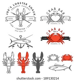 Set of retro seafood, crab, lobster, fish design elements. No transparency or gradient mesh used.