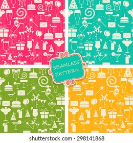 set of retro seamless pattern with birthday party elements on colorful background