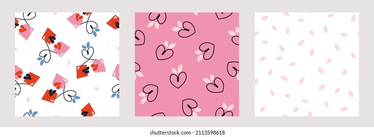 Set of retro seamless pattern with hand drawn cherry kiss perfect for fabric, textile, wrapping paper.Summer repeating vector texture trendy design.Happy Valentines day love concept on pink background