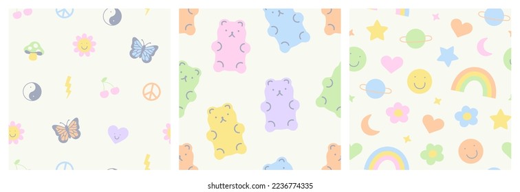 Set of retro seamless pattern illustration in trendy 90s art style. Soft pastel color background print collection with cute vintage sticker decoration and happy upbeat cartoon symbols.