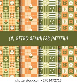 Set of retro seamless pattern, orange and green color, vintage style for wrapping paper, fabric, wallpaper and background
