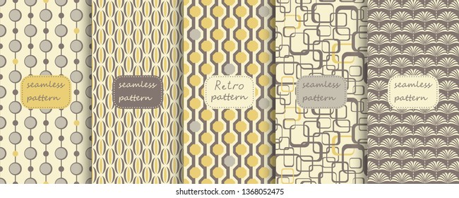 Set of Retro seamless patterns from the 50s and 60s. Seamless abstract Vintage background in sixties style. Abstract geometric pattern