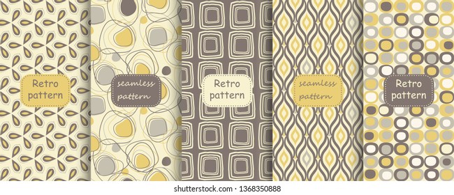 Set of Retro seamless patterns from the 50s and 60s. Seamless abstract Vintage background in sixties style. Abstract geometric pattern