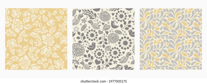 Set of Retro seamless patterns from the 50s and 60s. Seamless abstract Vintage background in sixties style. Abstract floral patterns in retro color. Vector