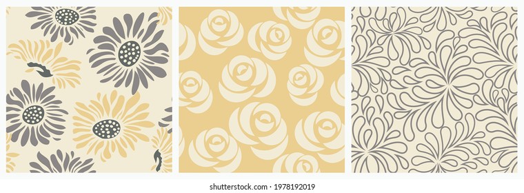 Set of Retro seamless patterns from the 50s and 60s. Seamless abstract Vintage background in sixties style. Abstract floral patterns in retro color. Vector