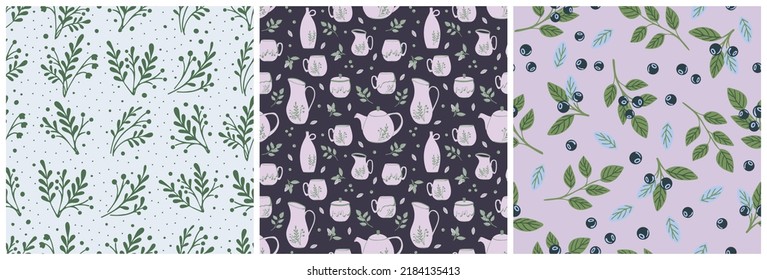 Set of retro seamless patterns. Cute prints with ceramic tableware, berries and plants. Flat style hand drawn vector illustrations for textile, fabric, surface, wallpaper, scrapbooking, wrapping paper