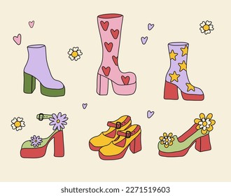 Set of retro shoes and boots with heels in hippie style. Bright crazy shoes.