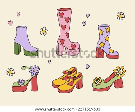 Set of retro shoes and boots with heels in hippie style. Bright crazy shoes.