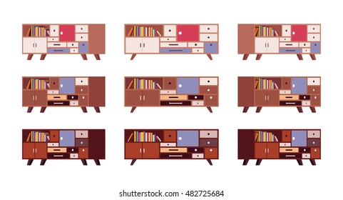 Set of retro sideboards with drawers and bookshelves isolated against white background. Cartoon vector flat-style illustration