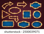 Set of retro sign and arrows. Vector lightbox and direction signage. Vintage lightbox for movie or cinema, club or casino show. Banner with lightbulb or signboard for stage. Empty or blank advertise