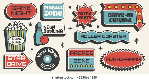 Set retro sign with bowling, arcades, popcorn, vinyl and more designs Mid Century 1950s style. Stickers for entertainment event poster and game night promos. Vector illustration