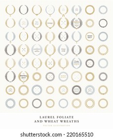 Set of Retro Silhouette Circular Laurel Foliate and Wheat Wreaths for Award Achievement Heraldry Nobility. Good for Guarantee and Quality Labels and Cards. Arrows, Bows and Vintage Labels