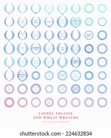 Set of Retro Silhouette Circular Laurel Foliate and Wheat Wreaths for Award Achievement Heraldry Nobility. Good for Guarantee and Quality Labels and Cards. Arrows, Bows and Vintage Labels. Color Ver.