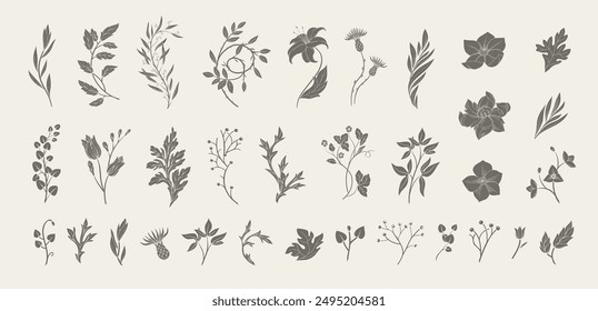 Set von Retro-Silhouettenblumen und botanischen Elementen. Jugendstil handgezeichnete Blätter Zweige und Blüten. Elegante Elemente speichern für die Einladung zur Dattelkarte. Vektorillustration