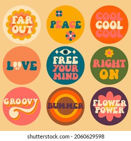 Set of retro sixties and seventies colorful lettering pictures