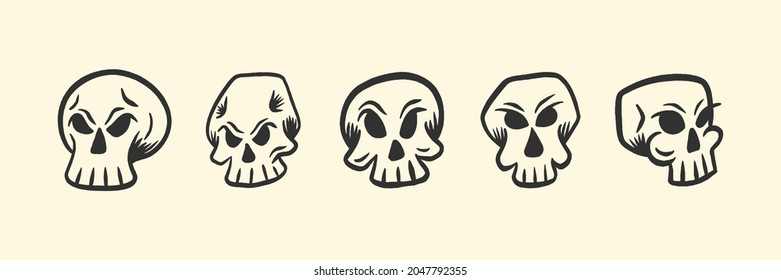 Set of Retro Skull Head Illustration for T-Shirt or Tattoo Design