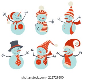 Set of retro snowmen. Six snowmen isolated on white background.