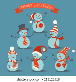 Set of retro snowmen. Template for infographic with a snowmen in retro style.