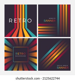 Set of retro social media and web banner template. Square colourful lines background vector design.