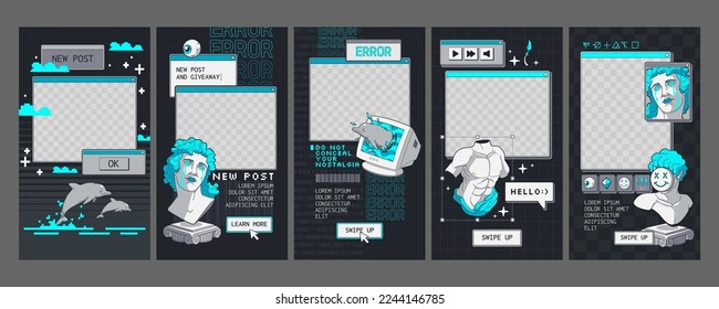 Set von Retro-Software-Fenstern, Social Media-App-Design für mobile Gadget. Vektorgrafik großartiger 90er-Jahre-Hintergründe mit psychedelischen antiken Statuen, altem Cursor, Knöpfen und Rahmen für PNG