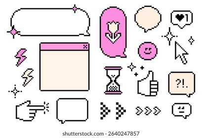 Set of retro speech bubbles and icons in pixel art style. 8bit digital chic emoji in pink. Pixel dialogue box for social media network. Game abstract isolated vector elements on white background