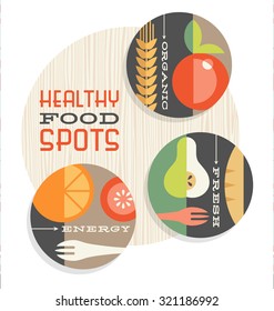 set of retro spot illustrations with abstract healthy foods in flat style