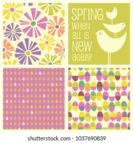 Set of retro Spring designs and seamless patterns including daisies, birds, abstract eggs, raindrops. Cheerful coordinating elements for banners, cards, backgrounds and decor.