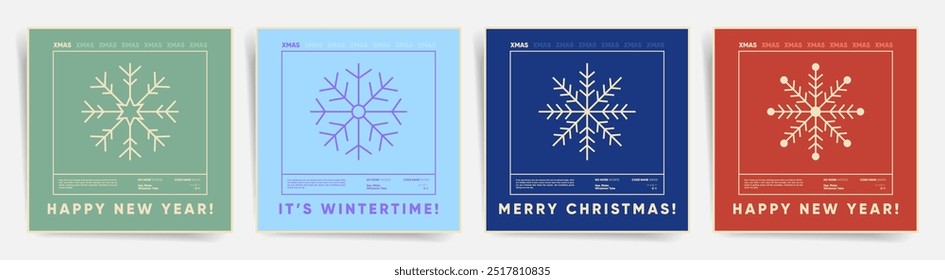 Set of retro square Christmas and New Year posters featuring snowflake designs and bold typography. Perfect for wintertime celebrations and festive branding.