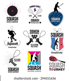 Set of retro squash logos, emblems and design elements. Icons rackets and athletes. Emblem squash Championships.