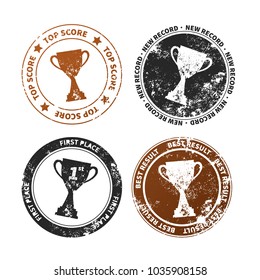 Set of retro stamp imprints with winner cup award isolated on white