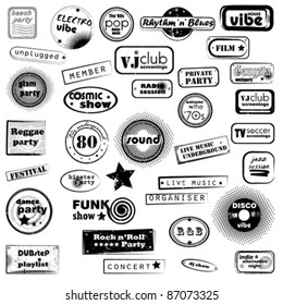 set of retro stamps on party music for a night club or bar, 36 seals with text and pop art design
