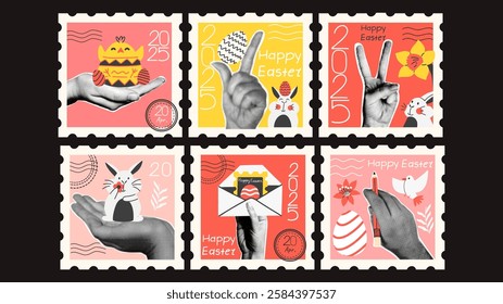 Set of retro stamps with paper cut halftone hands and Easter cartoon elements, bunnies, flowers, chicken. Collage vector design. 