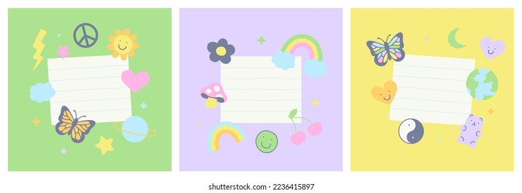 Set of retro sticker in trendy 90s art style with empty white paper frame. Soft pastel color template collection with cute vintage decoration. Includes rainbow, butterfly, flower and love heart.