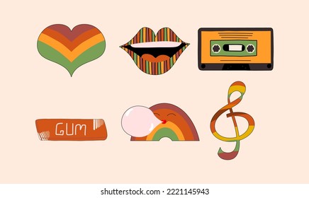 Set of retro stickers, 70s and 60s. Collection of groovy elements. Lips, heart, audio cassette, chewing gum, rainbow. Vector illustration in flat style