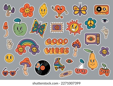 Set of retro stickers. 70s, hippie, retro TV, record, audio cassette, cherry, lemon, roller skates