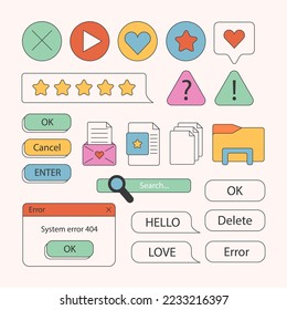 Set of retro stickers. 90s retro vaporwave old desktop user interface elements. Cute nostalgic computer ui, vintage aesthetic icons and windows vector set. stock stylish graphics.