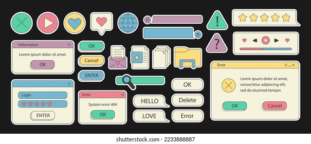 Set of retro stickers. 90s retro vaporwave old desktop user interface elements. Cute nostalgic computer ui, vintage aesthetic icons and windows vector set. stock stylish graphics. Dialog window.